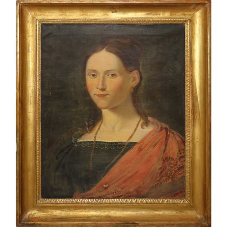 Ritratto di donna in cornice a mezzacanna dorata coeva, 19° century