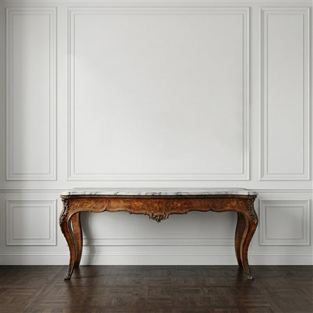 Grande consolle con marmo al piano con bordo bisellato e intarsi sul fronte a motivi floreali, modenature al sottopiano e alle gambe in metallo dorato, Napoleon III France, Fine 19° century