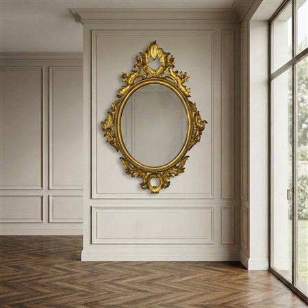 Specchiera ovale in legno dorato a foglia, 19° century