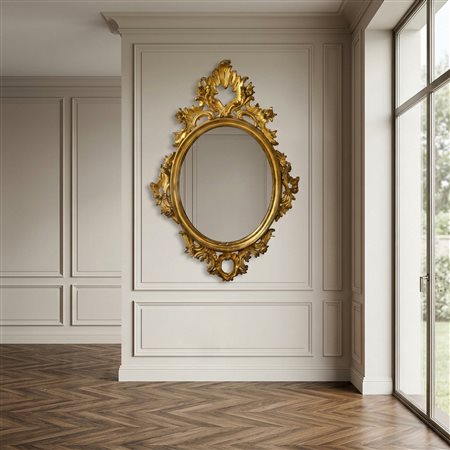 Specchiera ovale in legno dorato a foglia, 19° century