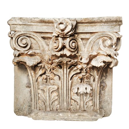 Grande capitello in pietra bianca scolpito a foglie d'acanto e girali, 16° century