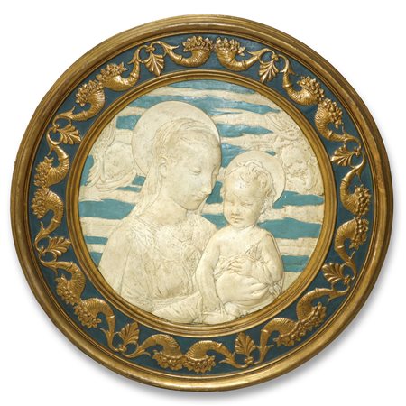 Luca  della Robbia (copia da) (1400 - 1482)  - Madonna con Bambino e zefiri, tondo con bassorilievo in stucco, Florence 18° century
