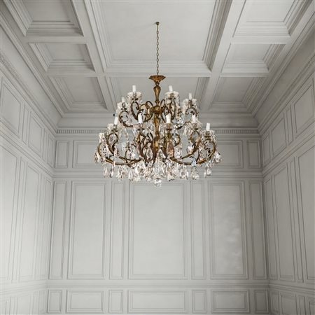 Lampadario 18 luci in metallo dorato e brindoli