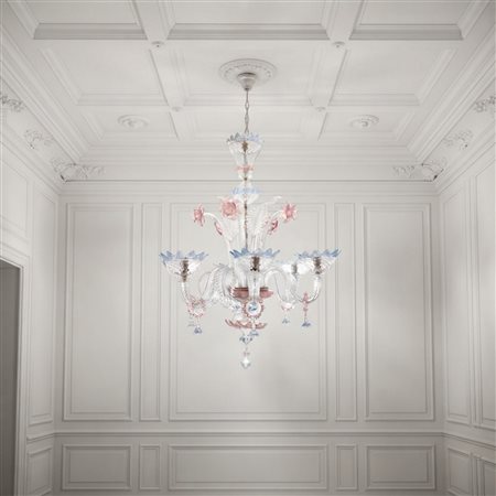 Lampadario in vetro di Murano policromo a 6 luci