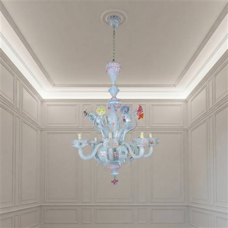 Lampadario in vetro di Murano lattimo con decori floreali policromi
