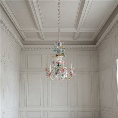 Lampadario in vetro di Murano policromo a 8 luci