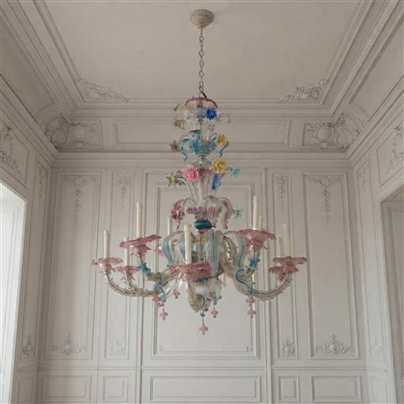Lampadario in vetro di Murano policromo a 8 luci