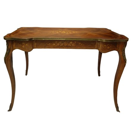 Scrittoio Napoleone III con cassetto centrale e bronzi ai lati con piano bordato in ottone dorato con intarsi in legni chiari, France 19° century