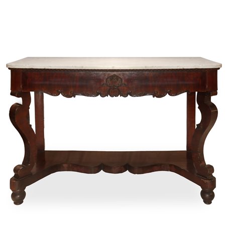 Consolle in legno di mogano con marmo bianco al piano