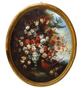 Nicola Cassisa (Napoli , 1730)  - Natura morta di fiori, dipinto ovale, Sicily, early 18° secolo
