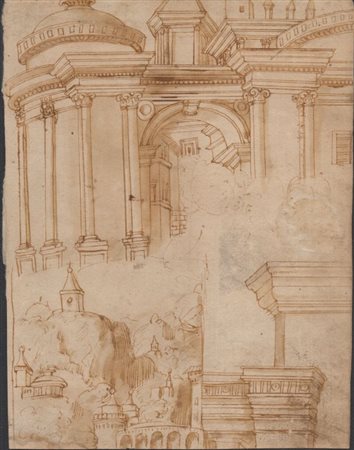 Baldassarre Tommaso  Peruzzi (ambito di) (Ancaiano, 1481 - Rome, 1536) 
Studio con architettura e putti 
 