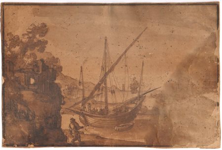 Remigio Cantagallina (cerchia di) (c.1582 - 1656) 
Paesaggio marino con una barca e un pescatore 
 