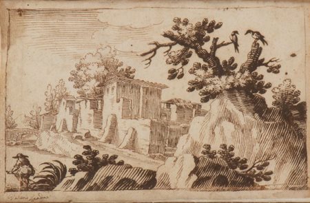 Valerio Spada (Colle Val d'Elsa, 1613 - Firenze, 1688) 
Paesaggio con case, ponte, una figura e albero a destra 
 