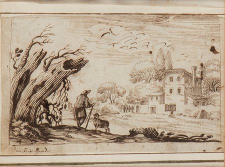 Valerio Spada (Colle Val d'Elsa, 1613 - Firenze, 1688) 
Paesaggio con case e un pastore 
 