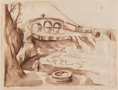 Pier Francesco Mola (stile di) (Coldrerio, 1612 - Roma, 1666) 
Paesaggio con ponte 
 