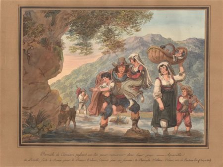 Achille Pinelli (Roma, 1809 - Napoli, 1841) 
Famiglia di ciociari che attraversa un lago per ritornare al loro paese 1834
 