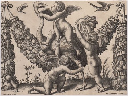 Maestro del Dado (1530 - 1560 fl.) 
Tre putti e un struzzo davanti a una grande ghirlanda, da Raffaello 
 