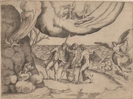 Giulio Bonasone (1498 ca. - 1576 ca.) 
Giove, Nettuno e Plutone dividono l'universo, da Giulio Romano 
 