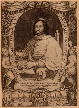 Bernardino Curti (Bologna, 1611 - 1611-1679) 
Ritratto del cardinale Rinaldo D'Este e veduta di Reggio 
 