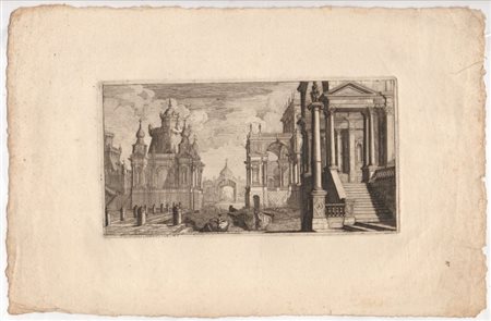 Vincenzo Mazzi (Bologna, 1748 - 1790 (fl.)) 
Capriccio architettonico con rovina monumentale, fontanile e figure 
 