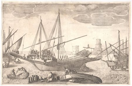  
Paesaggio marino con imbarcazioni anonimo incisore toscano del XVII secolo
 
