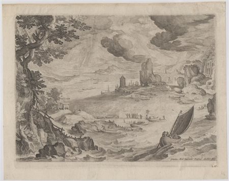 Raphael Sadeler I (Anversa, 1560 ca. - 1628 ca.) 
Paesaggio con barca a vela, da Paul Brill  
 