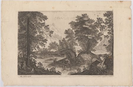 Aegidius Sadeler II (Anversa, 1568 - Praga, 1629) 
Paesaggio montuoso con ruscello, da Pieter Stevens   
 
