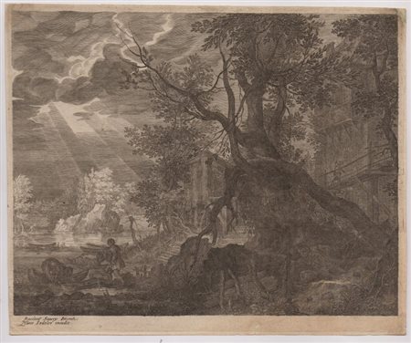 Aegidius Sadeler II (Anversa, 1568 - Praga, 1629) 
Paesaggio con un grande albero ed un pescatore, da Roelandt Savery  
 