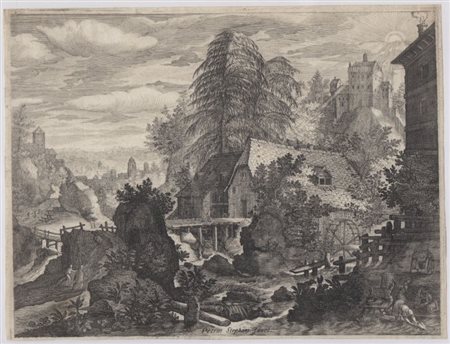 Aegidius Sadeler II (Anversa, 1568 - Praga, 1629) 
Paesaggio montuoso con mulino, da Pieter Stevens 
 