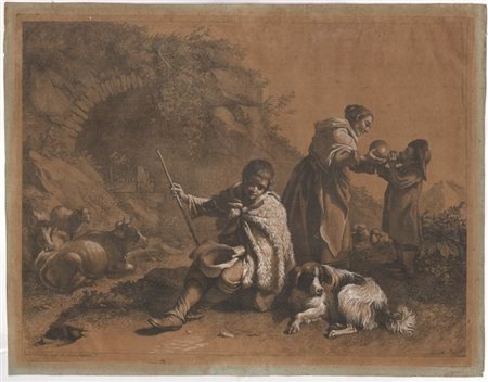 Francesco Londonio (Milano, 1723 - 1783) 
Pastorello seduto e donna che dà da bere a un bimbo 
 