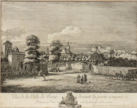 Bernardo  Bellotto (1722 - 1780) 
Vue de la ville de Pirne devant la porte nommée Dohnaiszh-Thor, avec la forteresse Sonnenstein 
 
