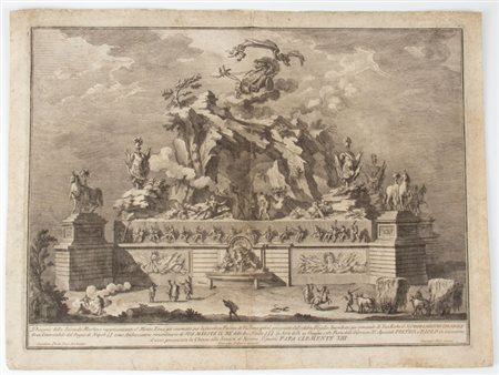 Giuseppe Vasi (Corleone, 1710 - Roma, 1782) 
Disegno della Seconda Machina rappresentante il Monte Etna gia rinomato per la favolosa Fucina di Vulcano 
 