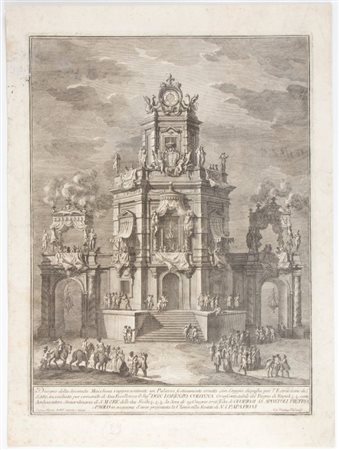 Giuseppe Vasi (Corleone, 1710 - Roma, 1782) 
Disegno della Seconda Macchina rappresentante un Palazzo festivamente ornato con Loggia, da Giuseppe Palazzi 
 