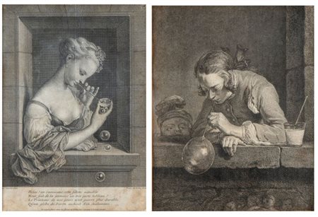 Pierre Filloeul - François de Poilly II (Abbeville, 1696 - Paris, 1754 ca.) , (Abbeville, 1666 - Parigi, 1741) 
Giovane uomo che soffia bolle di sapone | Giovane donna che soffia bolle di sapone 
 
