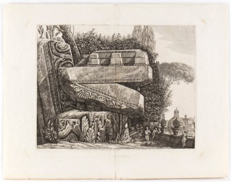 Luigi Rossini (Ravenna, 1790 - Roma, 1857) 
Veduta dei grandiosissimi avanzi del Tempio di Giove,dal volgo il frontespizio di Nerone sul Monte Quirinale negl'orti Colonna 
 