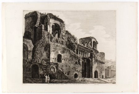 Luigi Rossini (Ravenna, 1790 - Roma, 1857) 
Veduta degl'avanzi delle Torri di Belisario. Dalla porta che guarda l'Interno della Città, vicino a Porta S. Giovanni 
 