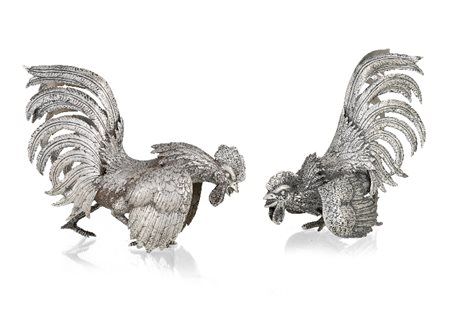 COPPIA DI GALLI IN ARGENTO, INIZIO XX SECOLO