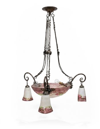 LAMPADARIO IN VETRO MACULATO E FERRO FORGIATO, MUL