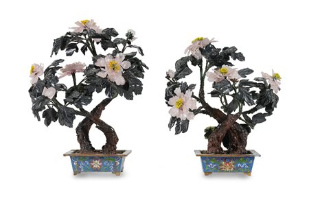 COPPIA DI PIANTE IN PIETRA DURA, CINA, INIZIO XX S
