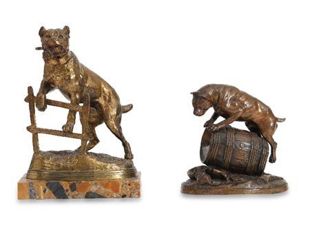 SCULTORE DEL XX SECOLO - Cane da guardia, bronzo dorato su base in marmo, f