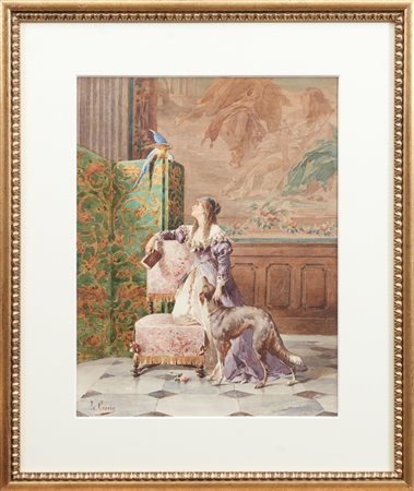 LUIGI CROSIO - Interno di palazzo con dama e cane