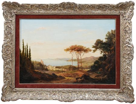 SCUOLA PARTENOPEA DEL XIX SECOLO - Veduta marina dall'alto olio su tela 46x63 cm