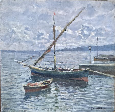 Marina di Napoli con barche e pescatori 
