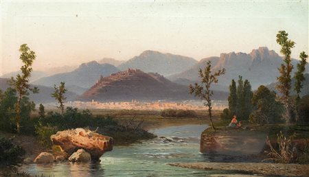Paesaggio fluviale con veduta di città