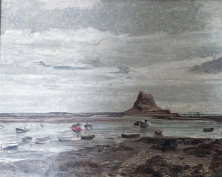 Paesaggio con il Castello di Lindisfarne con barche arenate per la bassa marea"