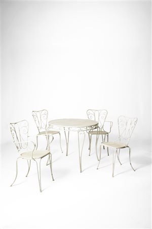 Lio Carminati (attribuito a) - Set da giardino composto da un tavolo rotondo, una coppia di sedie e una coppia di poltroncine, 1950 circa