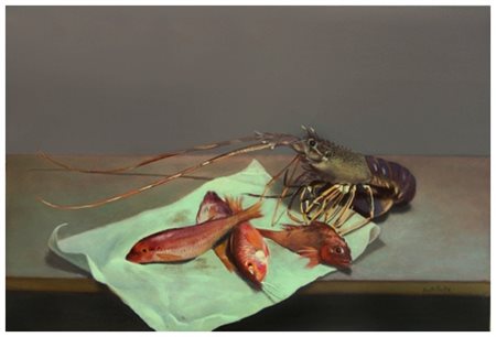 GIO DI BATTE Livorno 1944 Senza titolo (Pesci) Olio su tela 39,5 x 58. Firma...