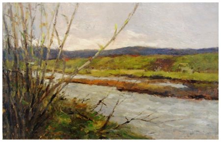 FRANCO LIPIZER Ruda 1901 - Livorno 1973 Sul greto Olio su tavola 17,5 x 28....