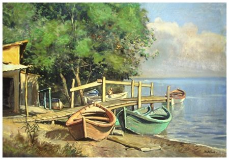 GIACOMO VACCARO Sassetta 1953 Barche a bocca d’Arno – lungo l’Arno Olio su...