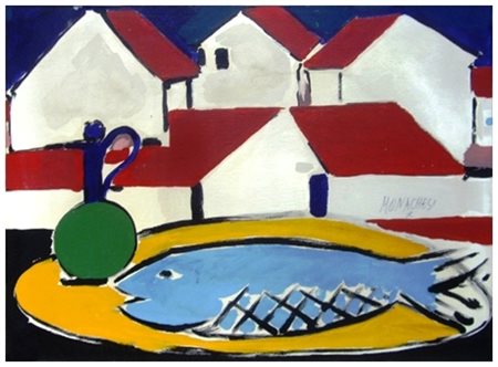 SANTE MONACHESI Macerata 1910 – Roma 1991 Case e Baia Domizia con pesce...